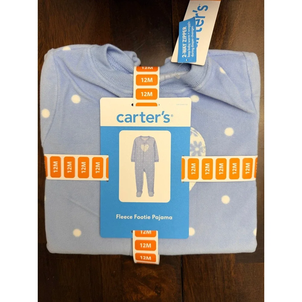 Carter's Fleece Footie Pajama Baby Girl 12M Blue Polka Dot Heart NWT